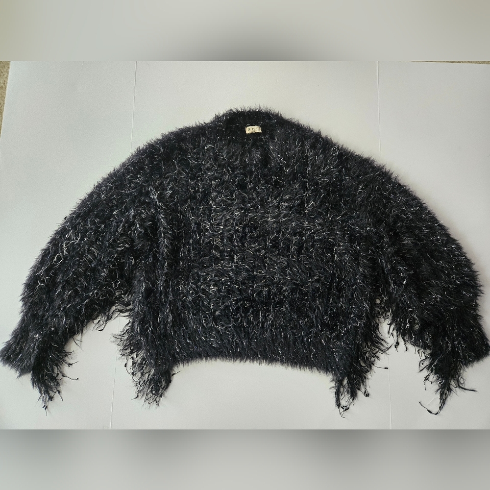 POL/Black & Silver Sparkly/Furry Eyelash Sweater/Tassel Fringe/Relaxed Fit - Picture 3 of 4